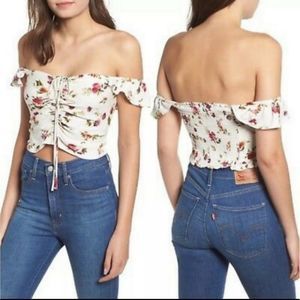 WAYF ruffled floral off shoulder crop top